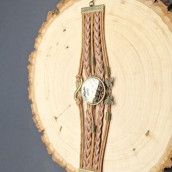 Boho Infinity "Flute" Charm Bracelet – Vintage Bronze & Faux Leather - Picture 2 of 4